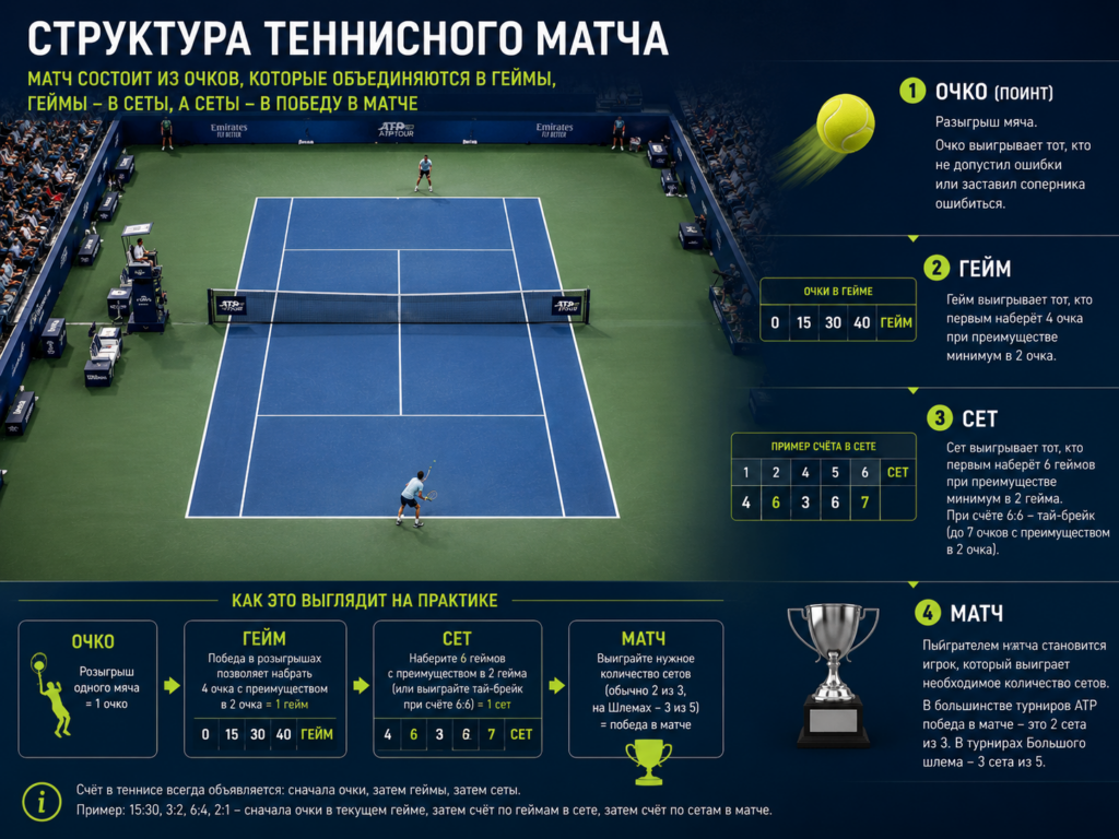Структура теннисного матча: очки, геймы, сеты и матч