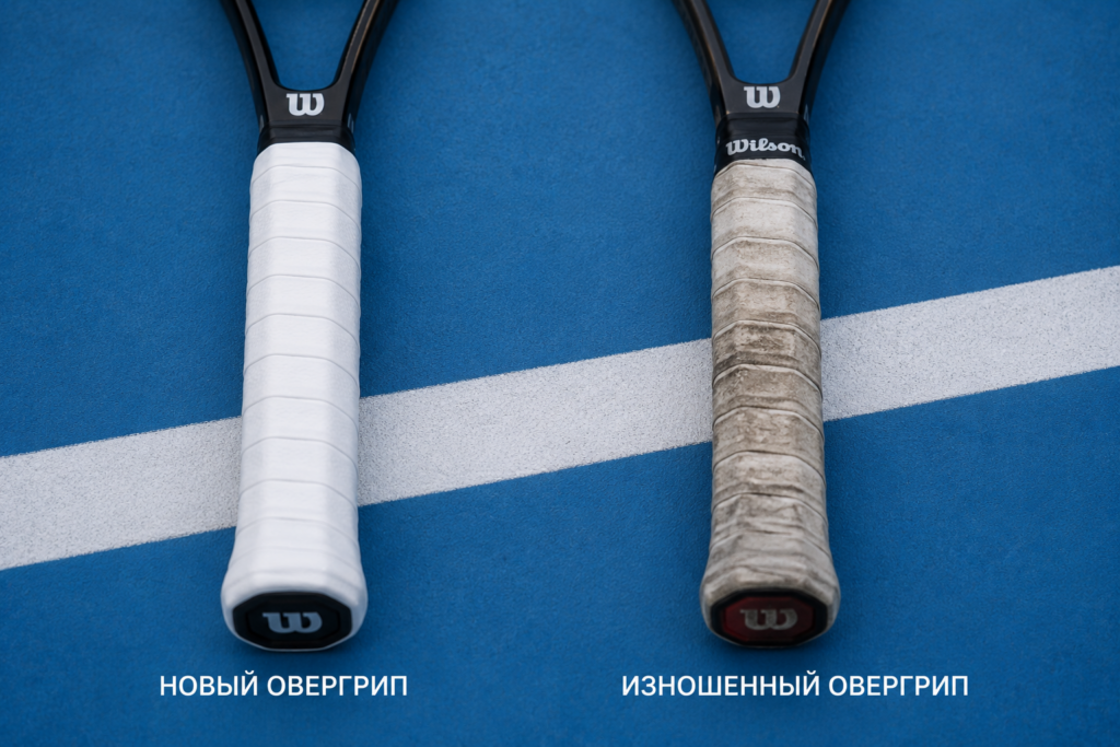 Новый и изношенный овергрип для теннисной ракетки