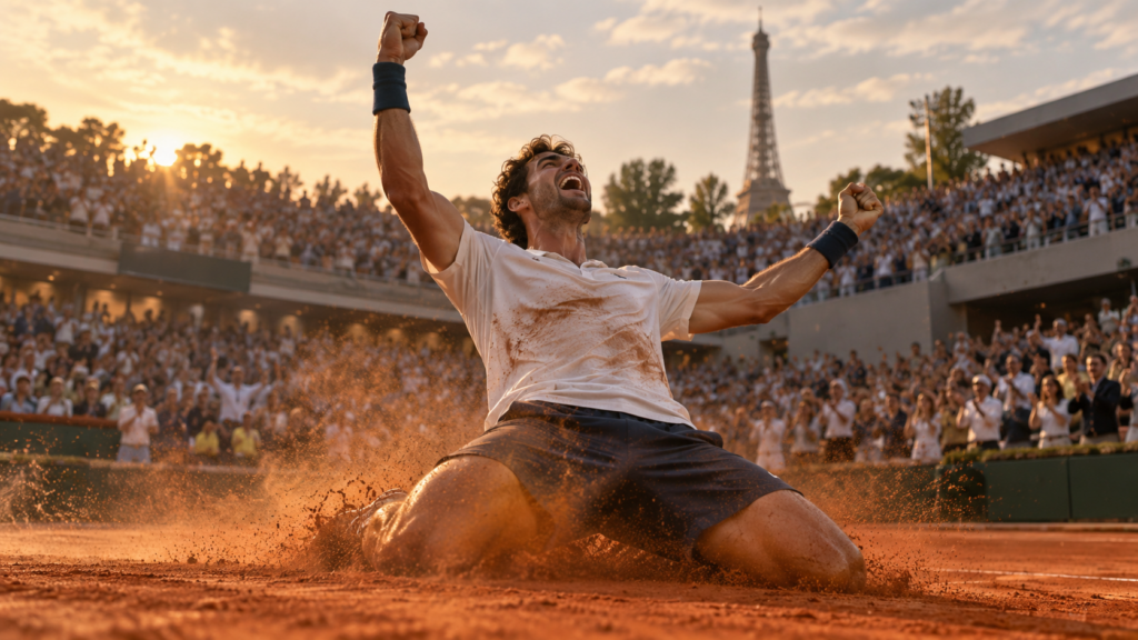 Теннисист празднует победу на грунтовом корте Roland Garros