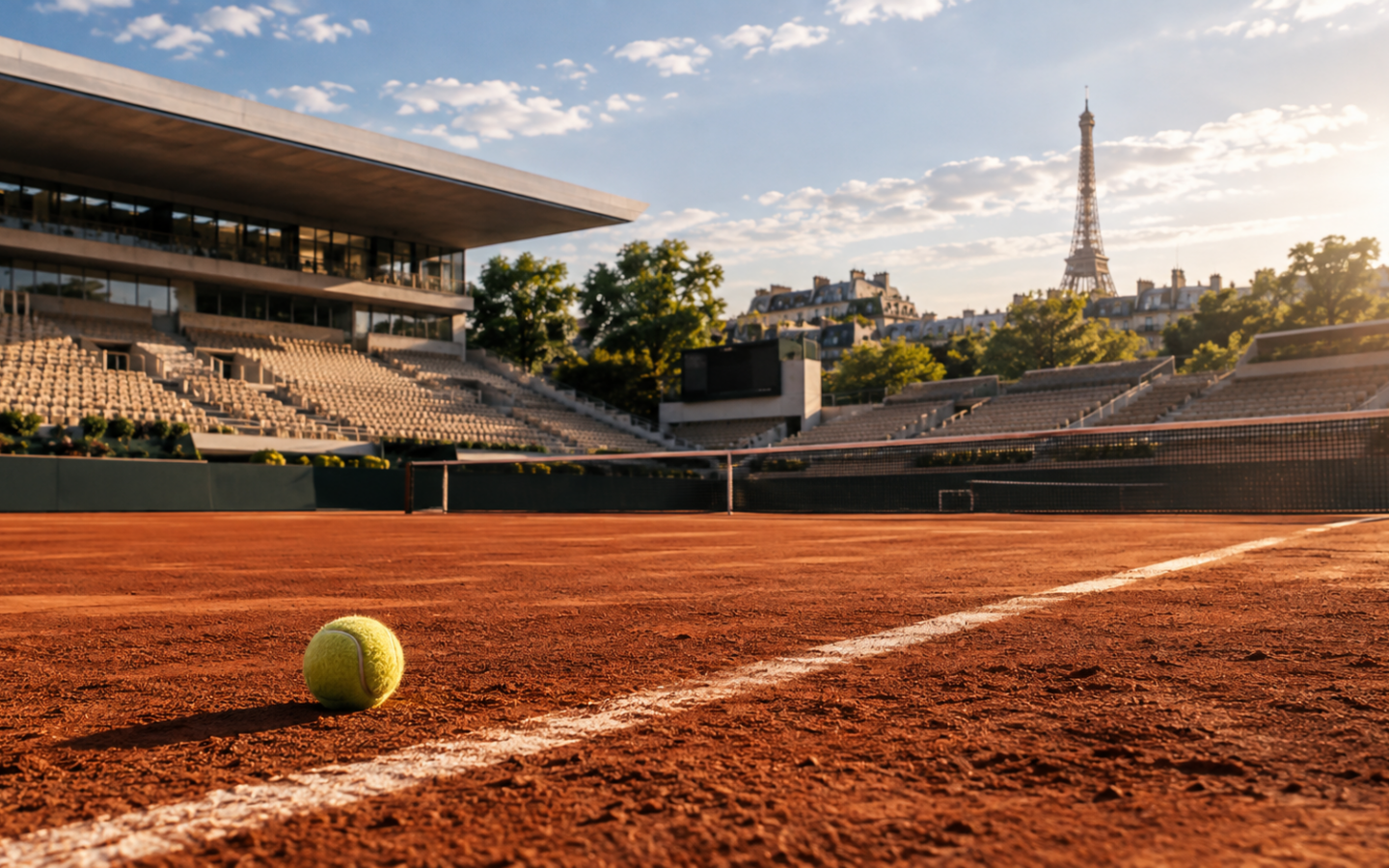 Roland Garros в Париже — красный грунтовый теннисный корт и стадион