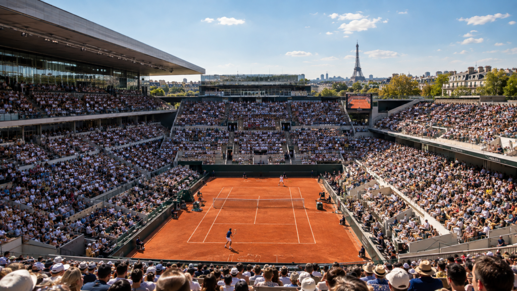 Стадион Roland Garros в Париже и грунтовый теннисный корт